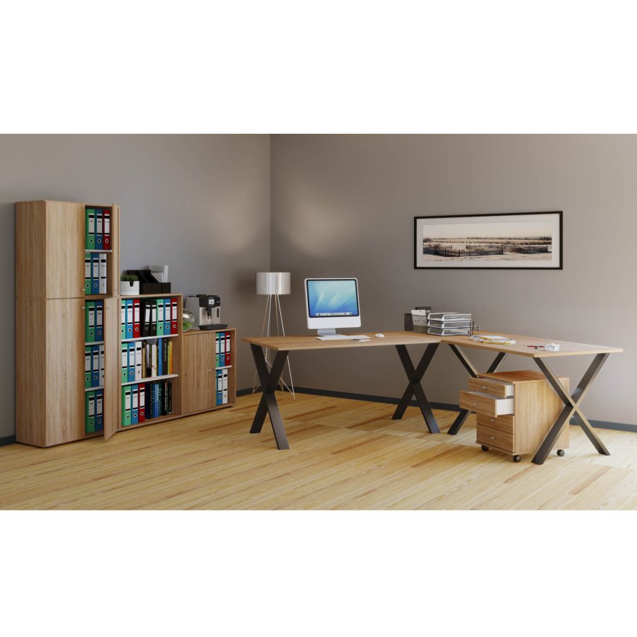 Eckschreibtisch Lona mit X-Füßen – Naturholz und schwarzes Metall (220 x 160 x 80)