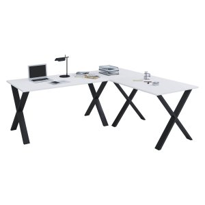 Lona X-feet hjrne skrivebord - hvitt tre og svart metall (220x190x80)