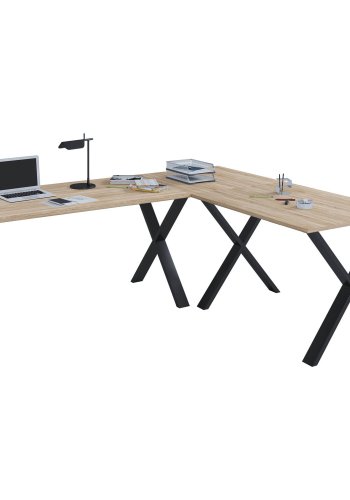 Eckschreibtisch Lona mit X-Füßen - Naturholz und schwarzes Metall (220x190x80)