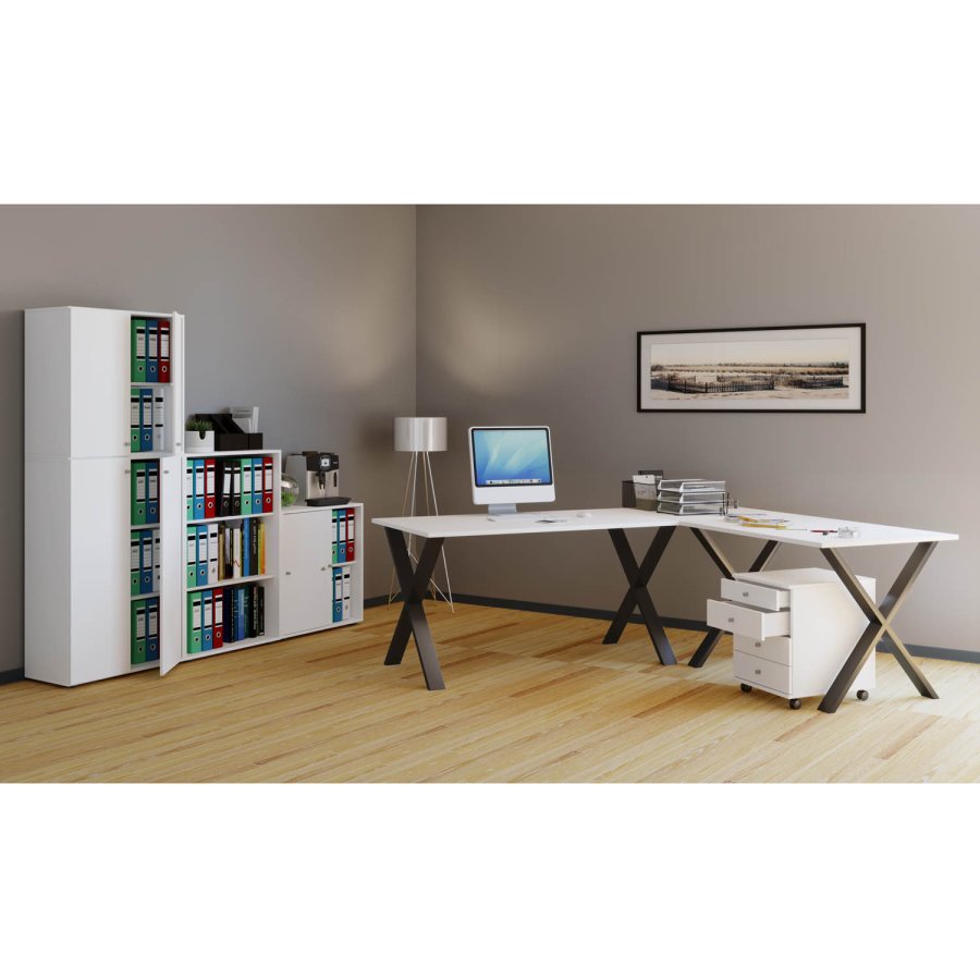 Eckschreibtisch Lona mit X-Füßen - weißes Holz und schwarzes Metall (220x220x80) 