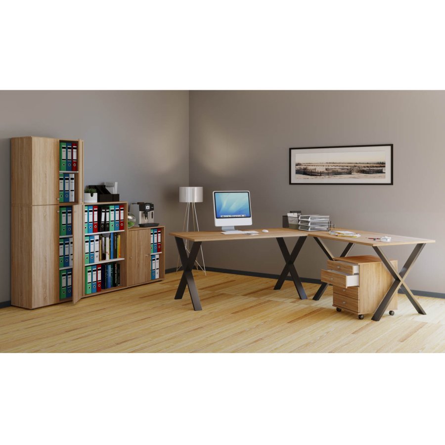 Eckschreibtisch Lona mit X-Füßen – Naturholz und schwarzes Metall (220 x 220 x 80)