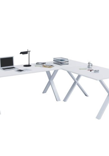 Eckschreibtisch Lona mit X-Füßen - weißes Holz und Metall (130x130x50)