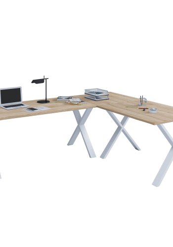 Eckschreibtisch Lona mit X-Füßen - Naturholz und Weißmetall (130x130x50)