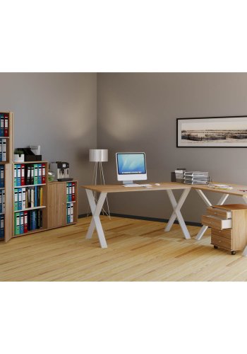 Eckschreibtisch Lona mit X-Füßen - Naturholz und Weißmetall (130x130x50)