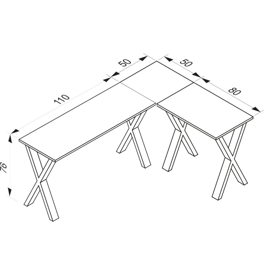 Lona X-feet hjrne skrivebord - hvitt tre og metall (160x130x50)