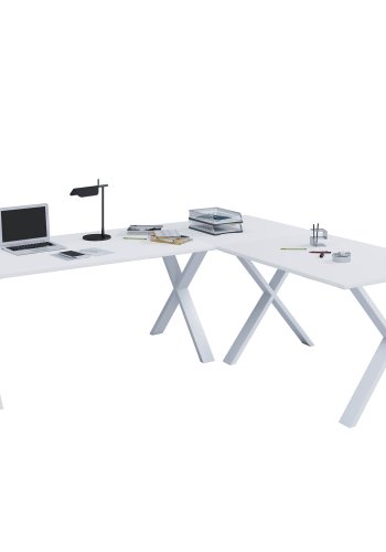 Lona X-feet hjrne skrivebord - hvitt tre og metall (160x130x50)