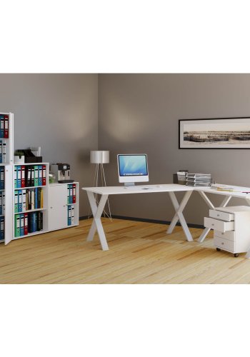 Lona X-feet hjrne skrivebord - hvitt tre og metall (160x130x50)