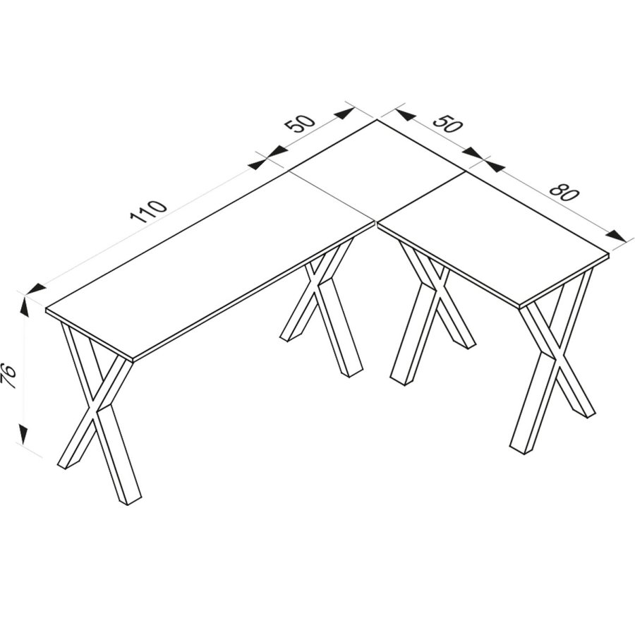 Eckschreibtisch Lona mit X-Füßen - Naturholz und Weißmetall (160x130x50)