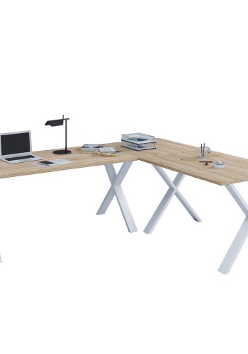 Eckschreibtisch Lona mit X-Füßen - Naturholz und Weißmetall (160x130x50)