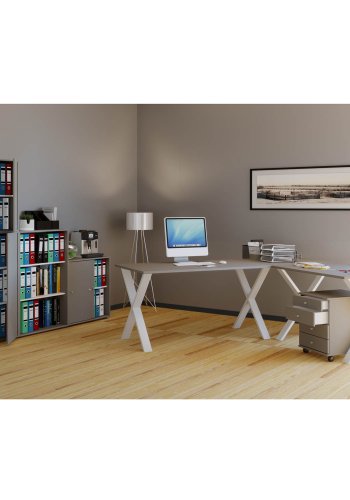 Eckschreibtisch Lona X-feet - graues Holz und weißes Metall (160x130x50)