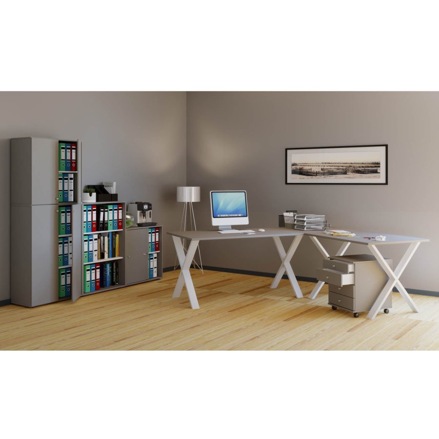 Eckschreibtisch Lona X-feet - graues Holz und weißes Metall (160x130x50)