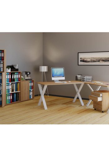 Eckschreibtisch Lona mit X-Füßen - Naturholz und Weißmetall (160x160x50)