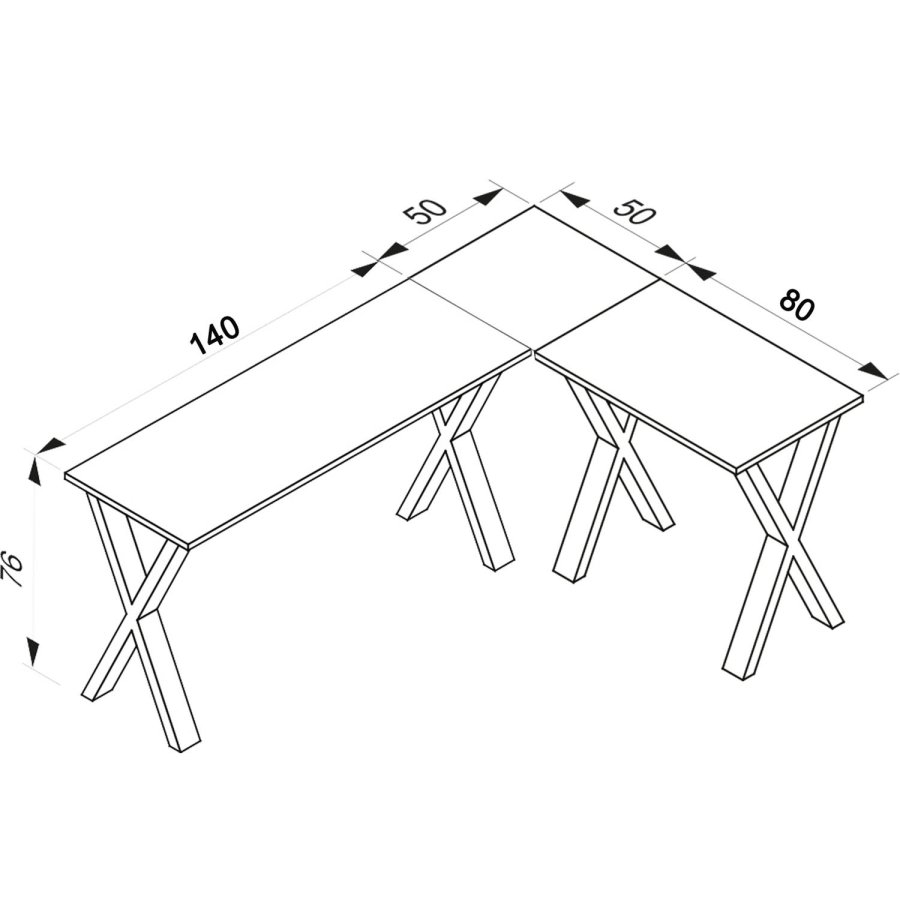 Eckschreibtisch Lona mit X-Füßen - weißes Holz und Metall (190x130x50)