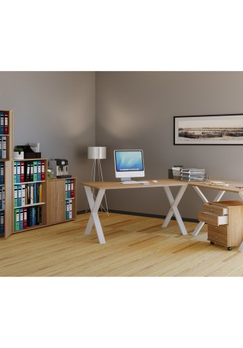 Eckschreibtisch Lona mit X-Füßen - Naturholz und Weißmetall (190x130x50)