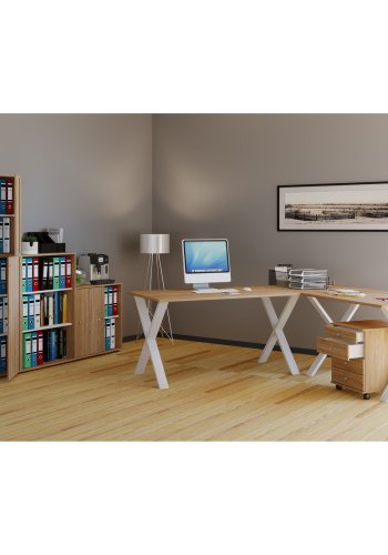 Eckschreibtisch Lona mit X-Füßen - Naturholz und Weißmetall (190x190x50)