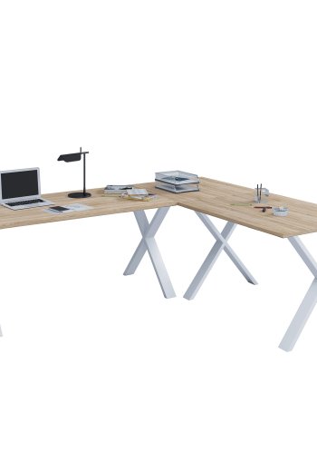 Eckschreibtisch Lona mit X-Füßen - Naturholz und Weißmetall (160x160x80)