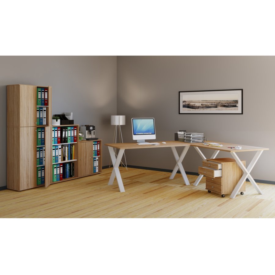 Eckschreibtisch Lona mit X-Füßen - Naturholz und Weißmetall (160x160x80)