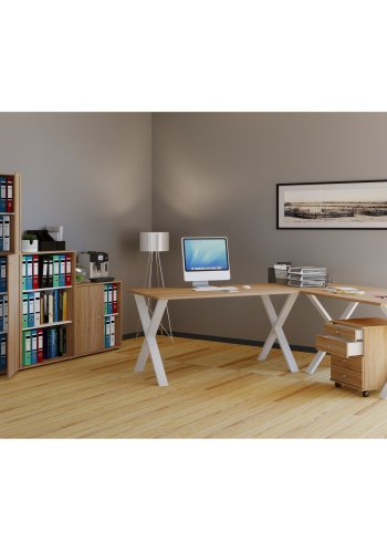 Lona X-feet hjrnebord - naturlig tre og hvitt metall (190x160x80)