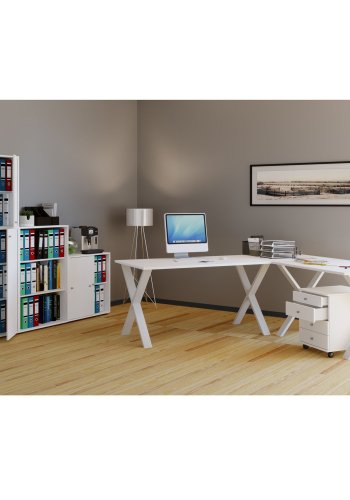 Eckschreibtisch Lona mit X-Füßen - weißes Holz und Metall (190x190x80) 