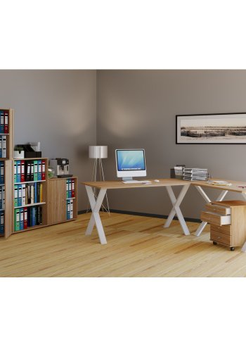 Eckschreibtisch Lona mit X-Füßen - Naturholz und Weißmetall (190x190x80) 