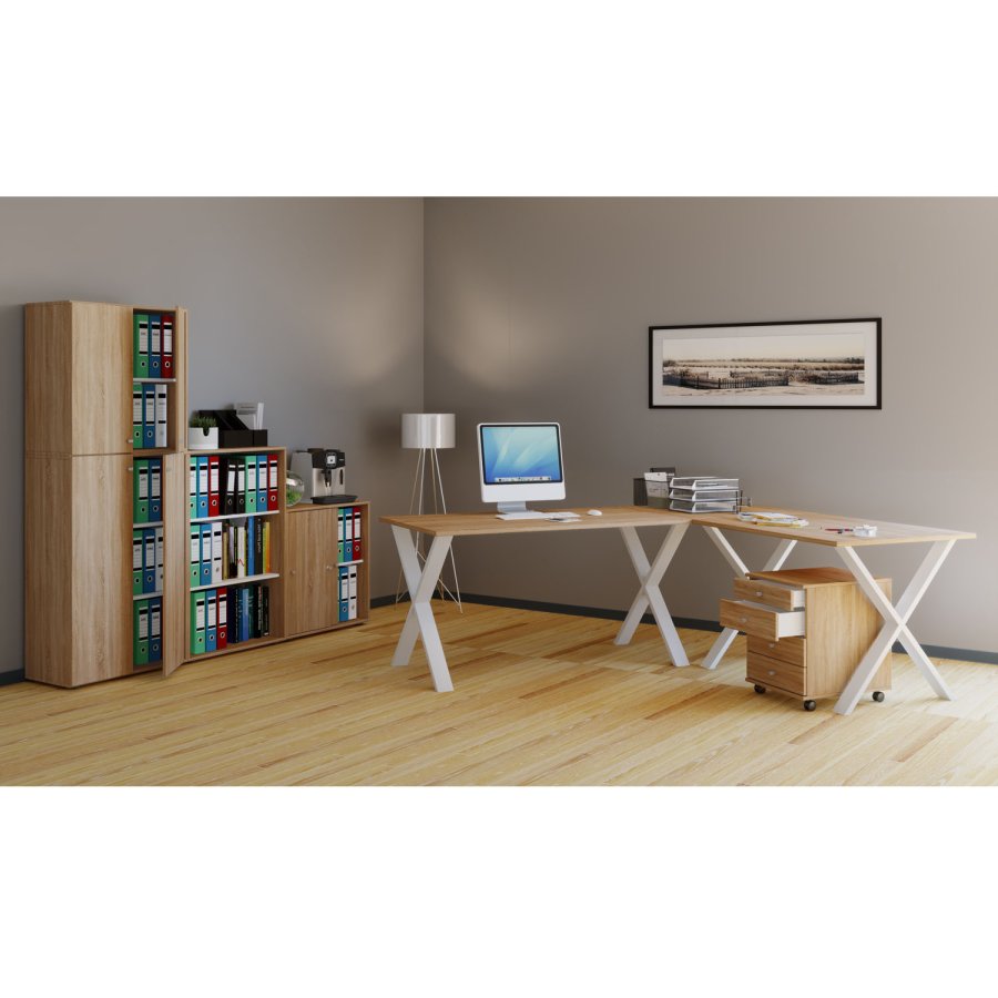 Eckschreibtisch Lona mit X-Füßen - Naturholz und Weißmetall (190x190x80) 