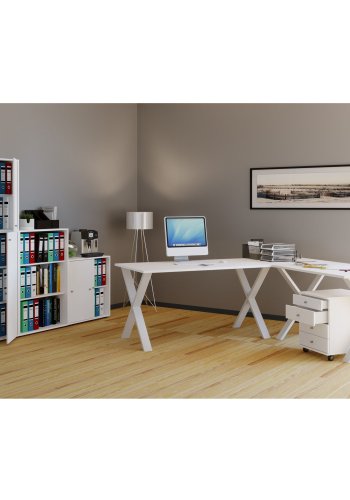 Eckschreibtisch Lona mit X-Füßen - weißes Holz und Metall (220x160x80)