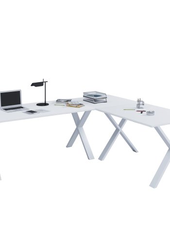 Eckschreibtisch Lona mit X-Füßen - weißes Holz und Metall (220x190x80)