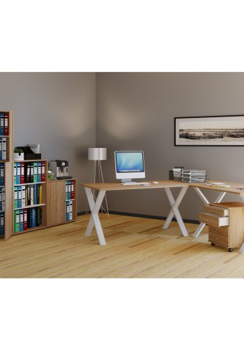 Eckschreibtisch Lona mit X-Füßen - Naturholz und Weißmetall (220x190x80)