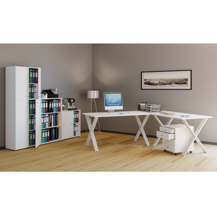 Eckschreibtisch Lona mit X-Füßen - weißes Holz und Metall (220x220x80)
