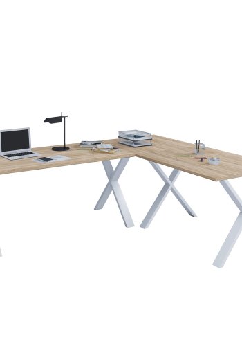 Eckschreibtisch Lona mit X-Füßen - Naturholz und Weißmetall (220x220x80)