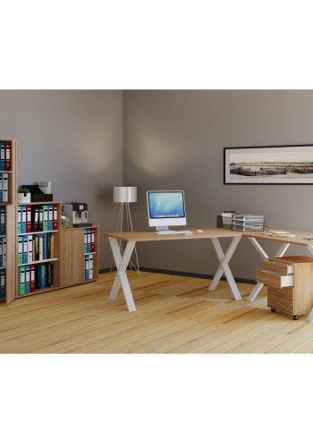 Eckschreibtisch Lona mit X-Füßen - Naturholz und Weißmetall (220x220x80)