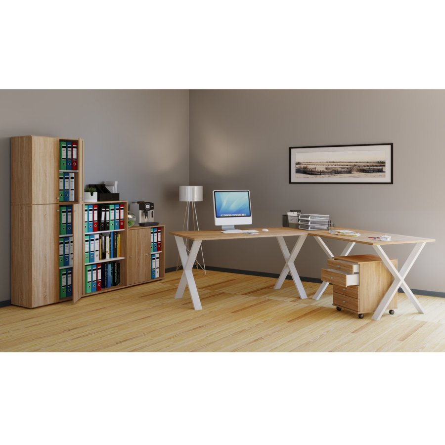 Eckschreibtisch Lona mit X-Füßen - Naturholz und Weißmetall (220x220x80)