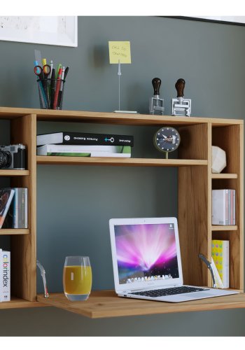 Wandila skrivebord til vegg, med hyller - naturlig farvet tre