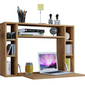 Wandila skrivebord til vegg, med hyller - naturlig farvet tre