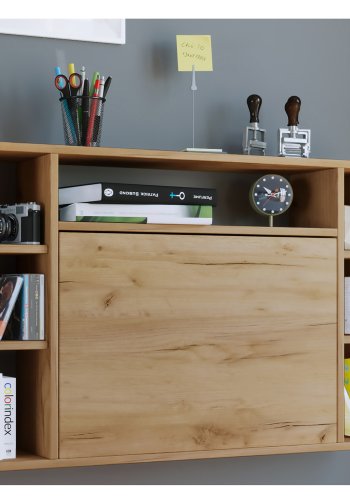 Wandila skrivebord til vegg, med hyller - naturlig farvet tre