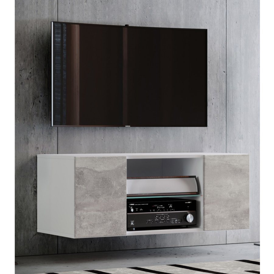 Jusa 95 TV-Wandschrank mit 2 Türen und 1 Regal - Glas und graues Holz