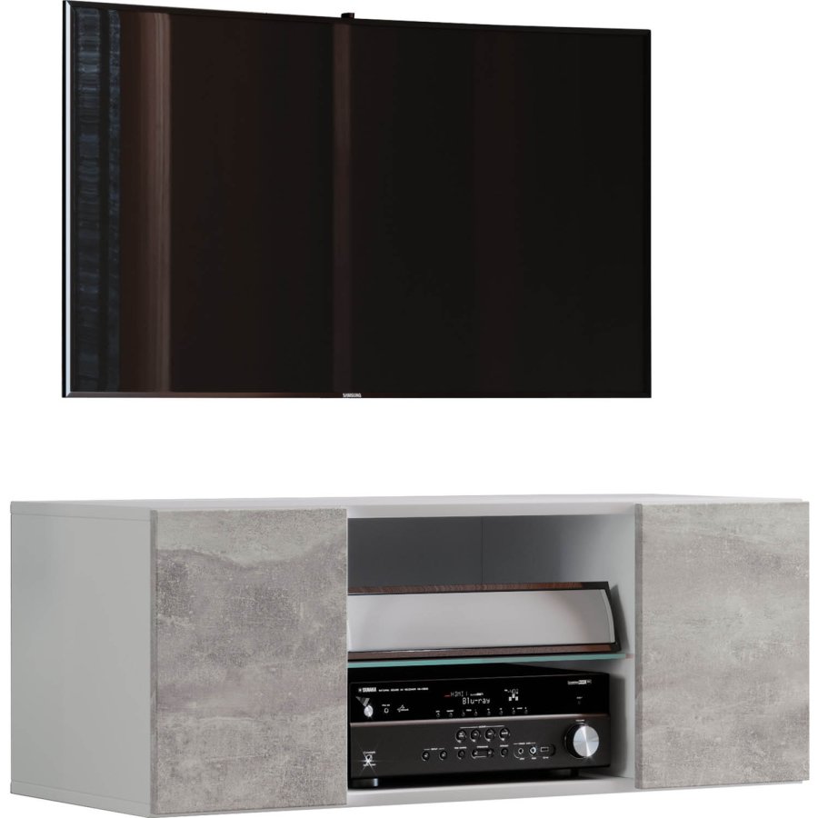 Jusa 95 TV-Wandschrank mit 2 Türen und 1 Regal - Glas und graues Holz