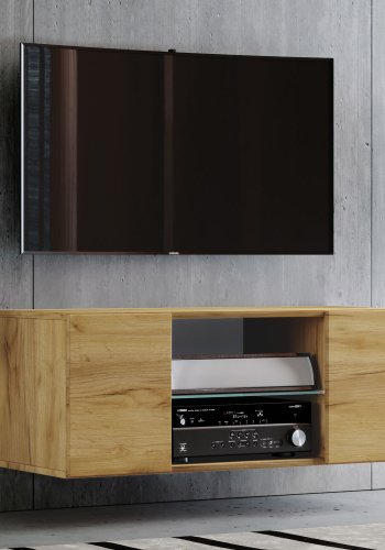 Jusa 95 TV-Wandschrank, mit 2 Türen und 1 Regal - Glas und Naturholz