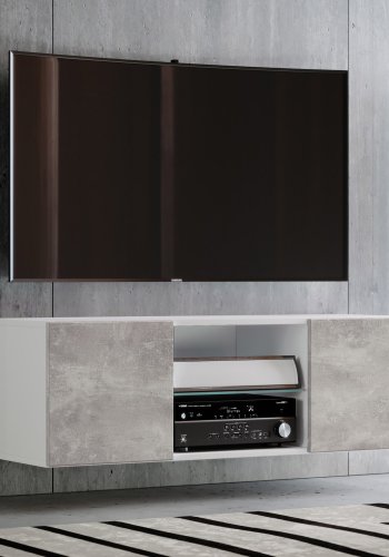 Jusa 115 TV-Wandschrank, mit 2 Türen und 1 Regal - Glas und weiß/graues Holz