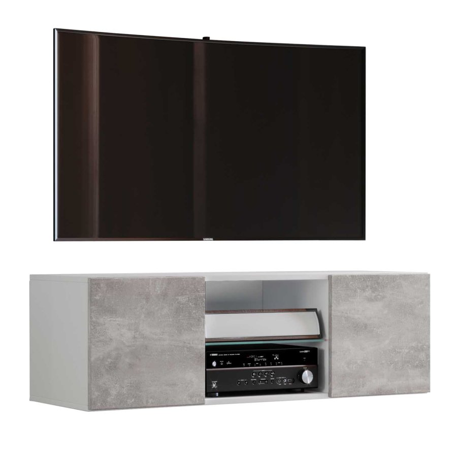 Jusa 115 TV-Wandschrank, mit 2 Türen und 1 Regal - Glas und weiß/graues Holz