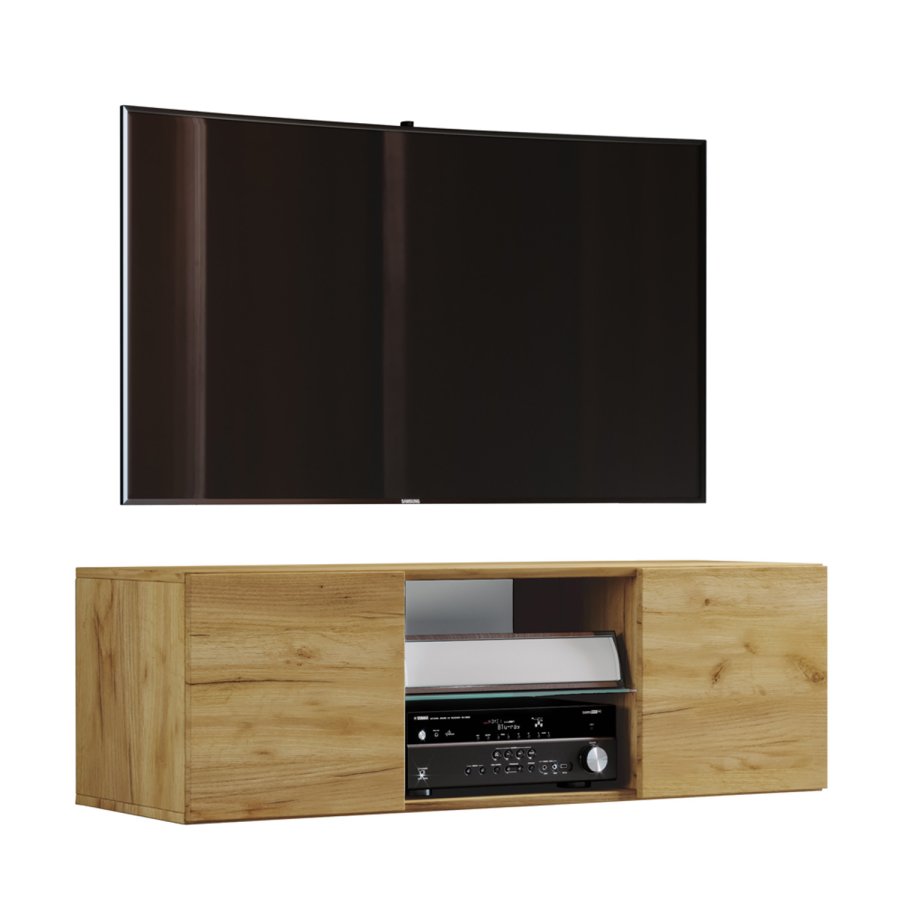 Jusa 115 TV-Wandschrank, mit 2 Türen und 1 Regal - Glas und Naturholz