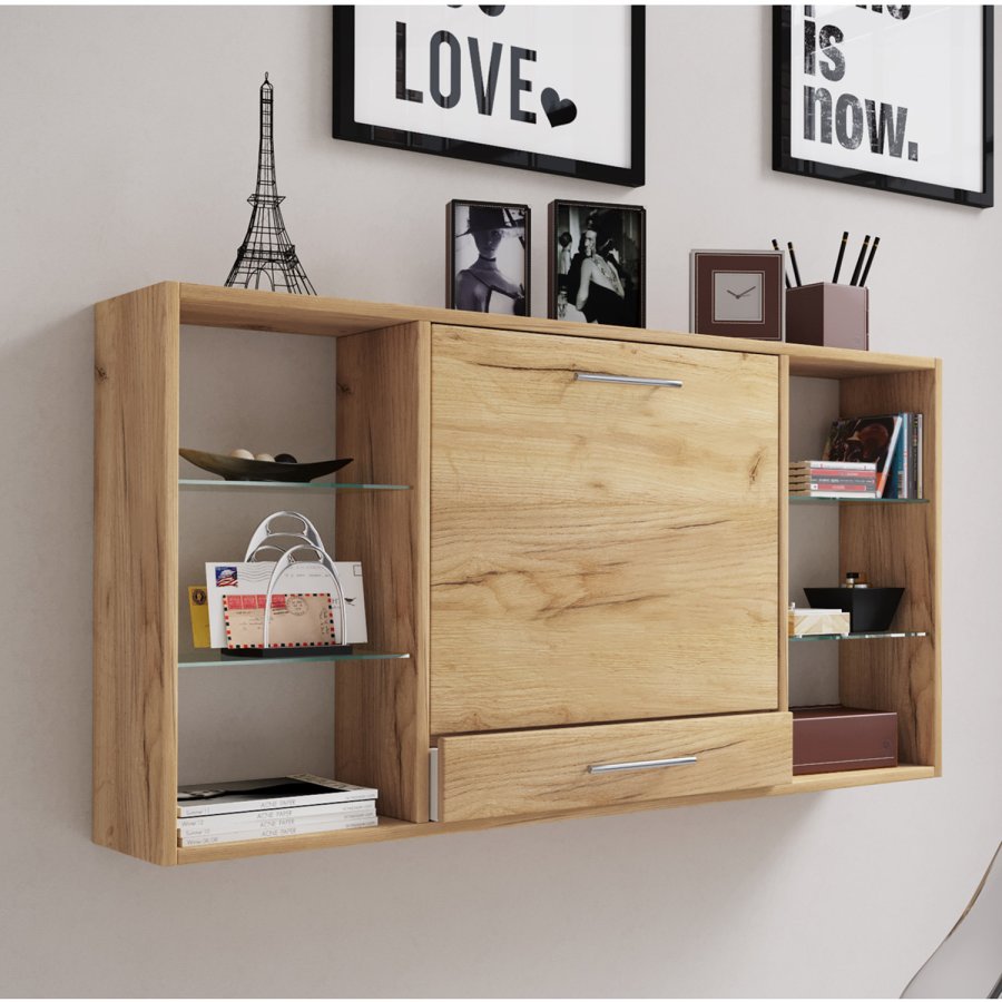 Teala skrivebord til vggen, m. hylder - natur tr