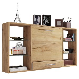 Teala skrivebord til vegg, med hyller - naturlig tre