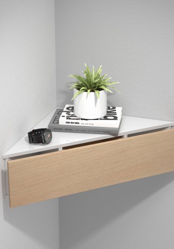 VCM NORDIC Usal S hjrne vegghylle, m. 1 skuff - hvit og naturlig tre (60x42,4)