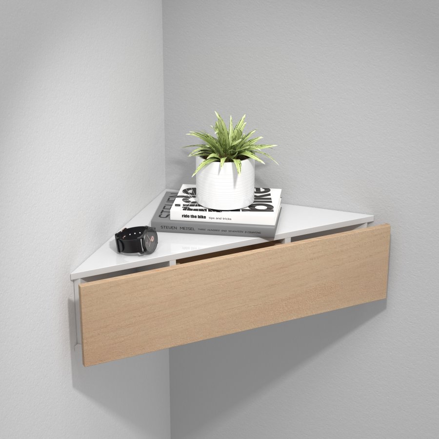 VCM NORDIC Usal S hjrne vegghylle, m. 1 skuff - hvit og naturlig tre (60x42,4)