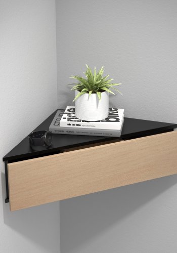 VCM NORDIC Usal S hjrne vegghylle, m. 1 skuff - naturlig og sort tre (60x42,4)