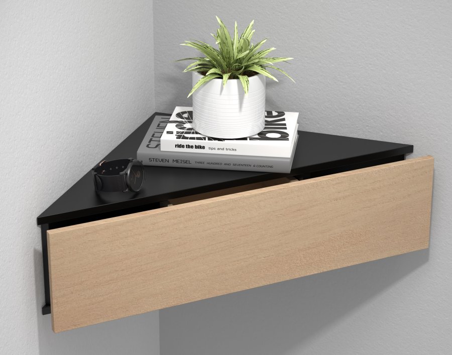 VCM NORDIC Usal S hjrne vegghylle, m. 1 skuff - naturlig og sort tre (60x42,4)