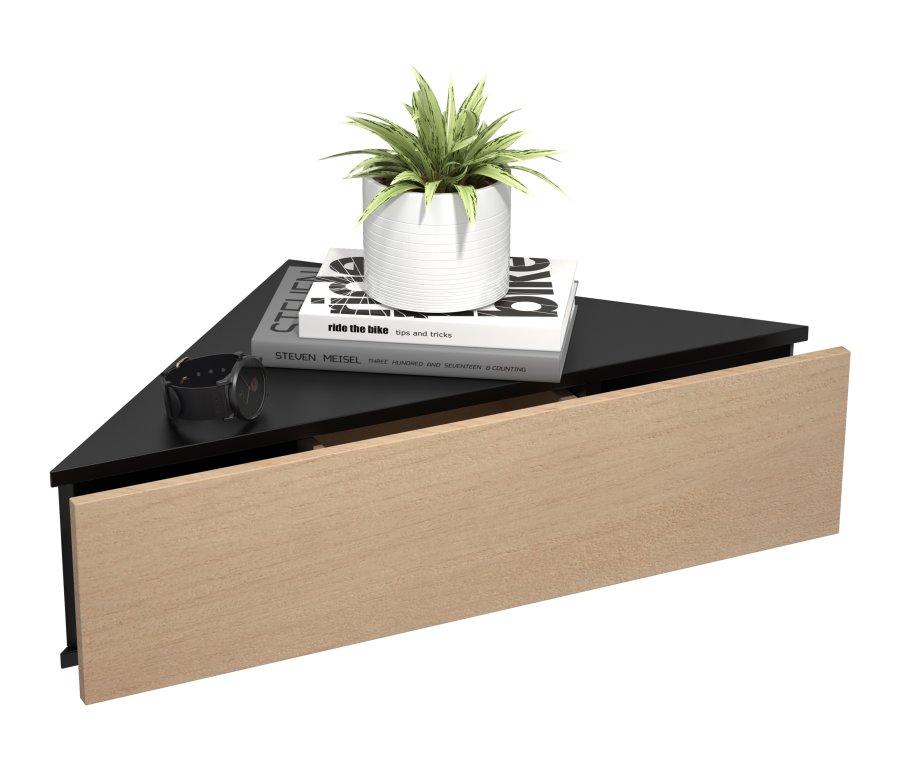 VCM NORDIC Usal S hjrne vegghylle, m. 1 skuff - naturlig og sort tre (60x42,4)