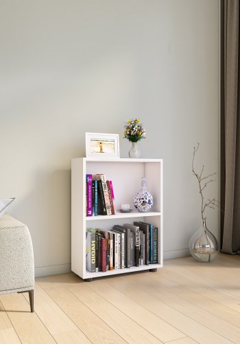 VCM NORDIC Bulas Bücherregal mit 2 Fächern, mit 1 Regalboden – weißes Holz (H: 72 cm x 55 cm x 20 cm)