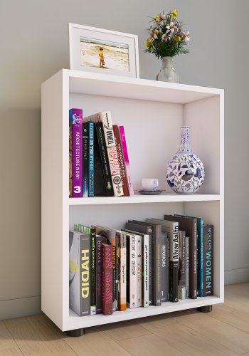 VCM NORDIC Bulas Bücherregal mit 2 Fächern, mit 1 Regalboden – weißes Holz (H: 72 cm x 55 cm x 20 cm)